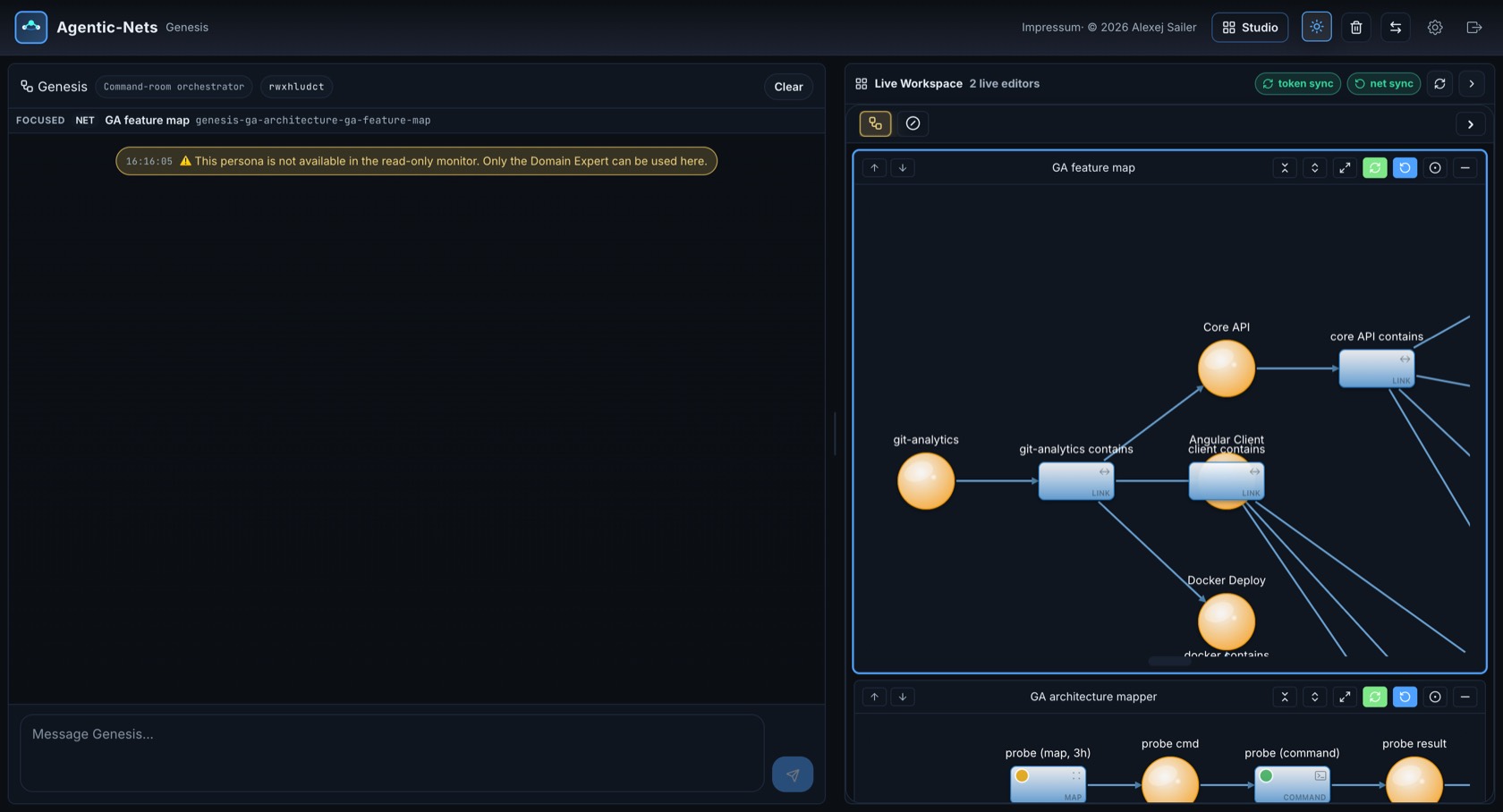 Genesis command room with chat on the left and live net editors on the right