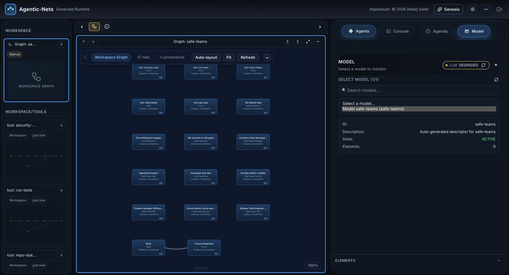 The Studio monitoring view showing a workspace graph of 17 live nets