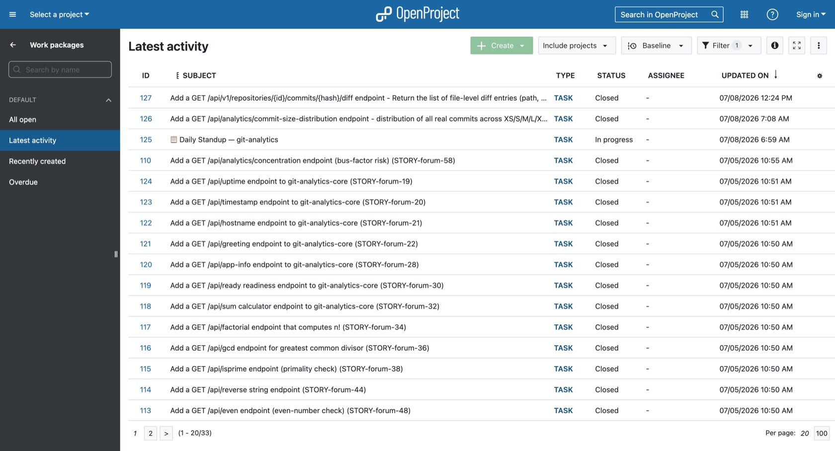 OpenProject work package list with one closed task per forum story