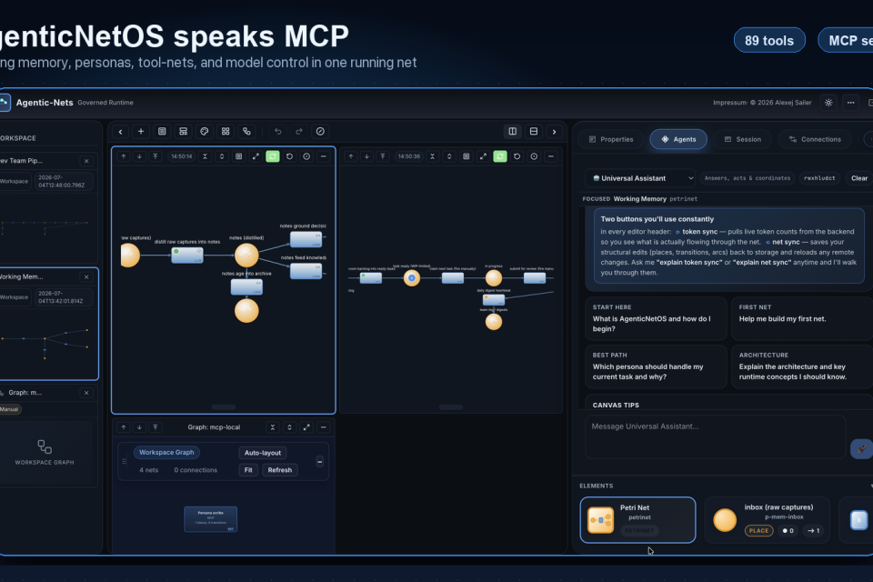 AgenticNetOS MCP server interface showing working memory, dev-team net, assistant panel, and model controls