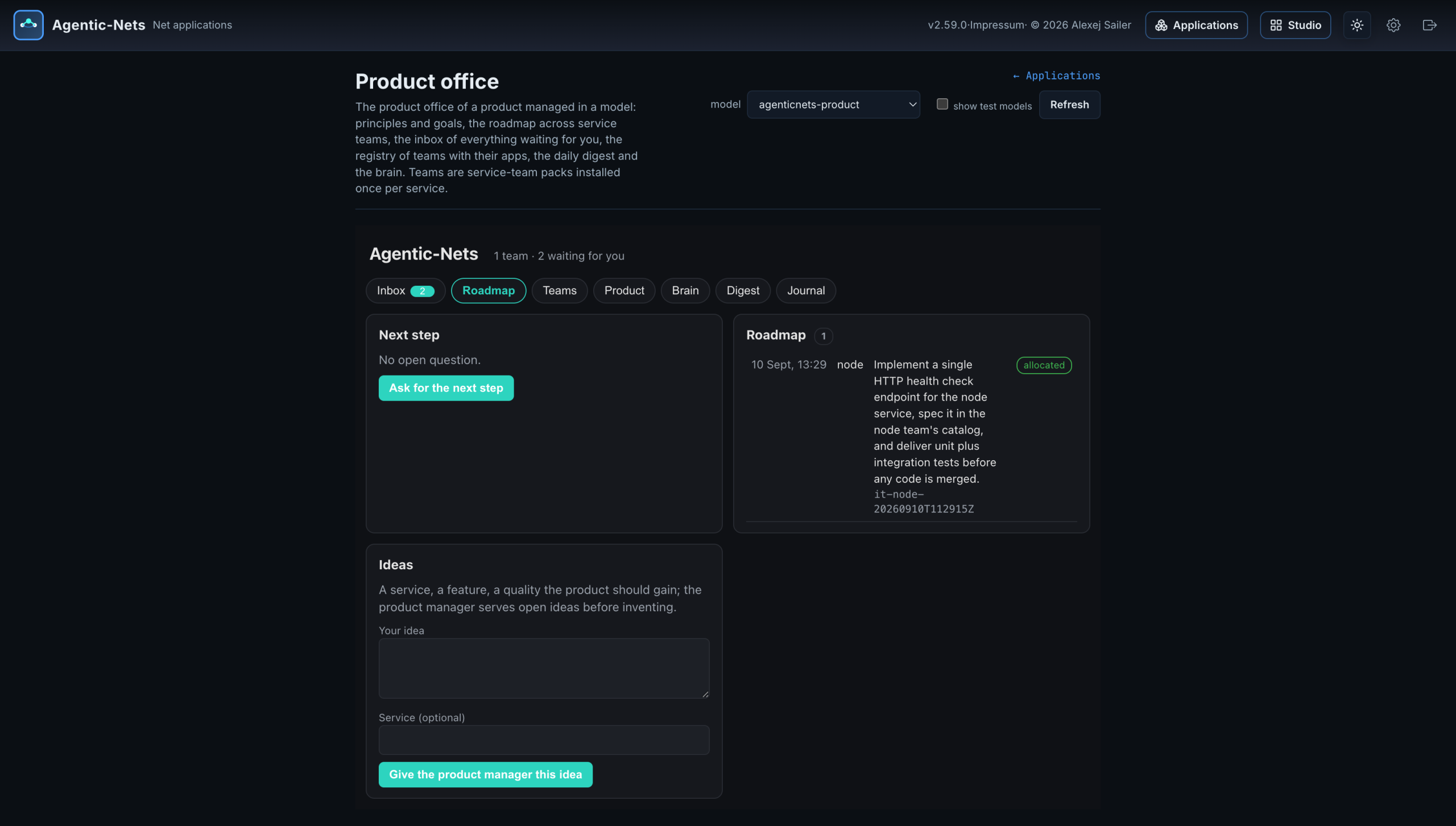 The office app, Roadmap tab: the allocated iteration for the node team with the direction the product owner starts from, and the ideas box.