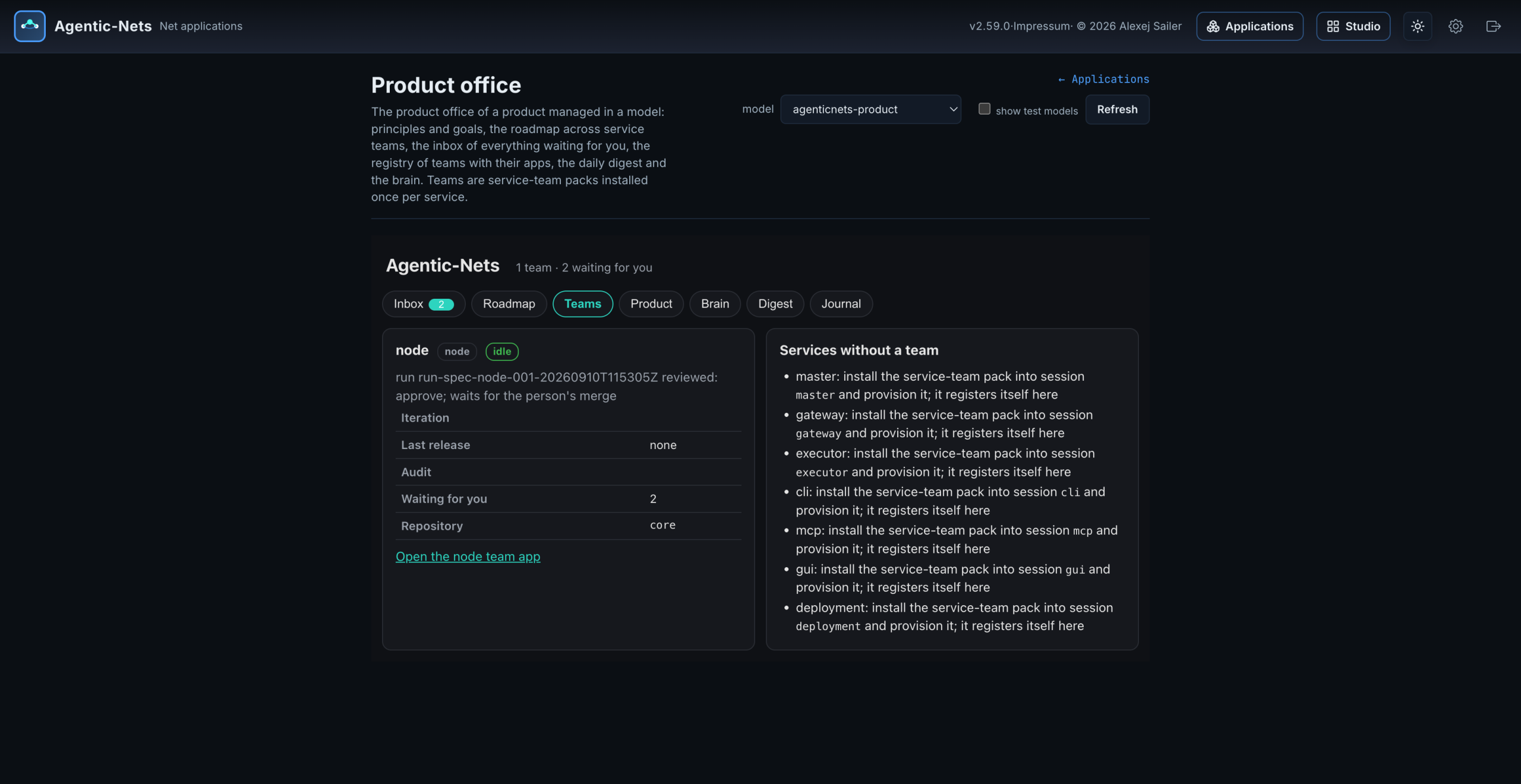 The office app, Teams tab: the node team with its status and a link to its app, and the list of services that still need a team.