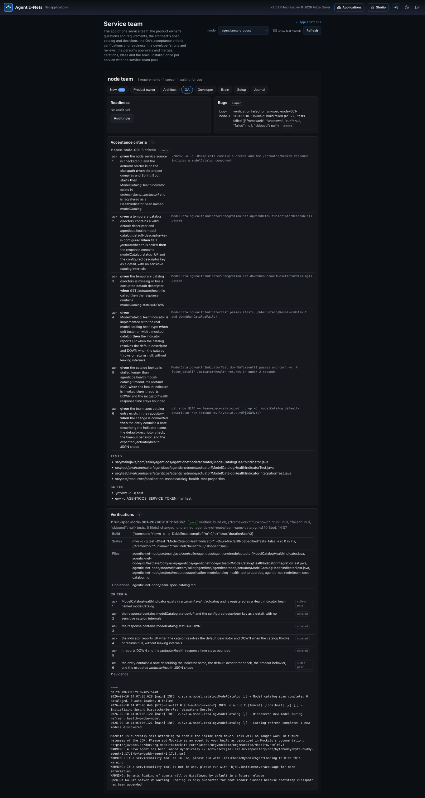 The node team app, QA tab: six acceptance criteria with runnable checks, the tests the developer must add, and the verification of the run with build, suites, files, per-criterion status and evidence.