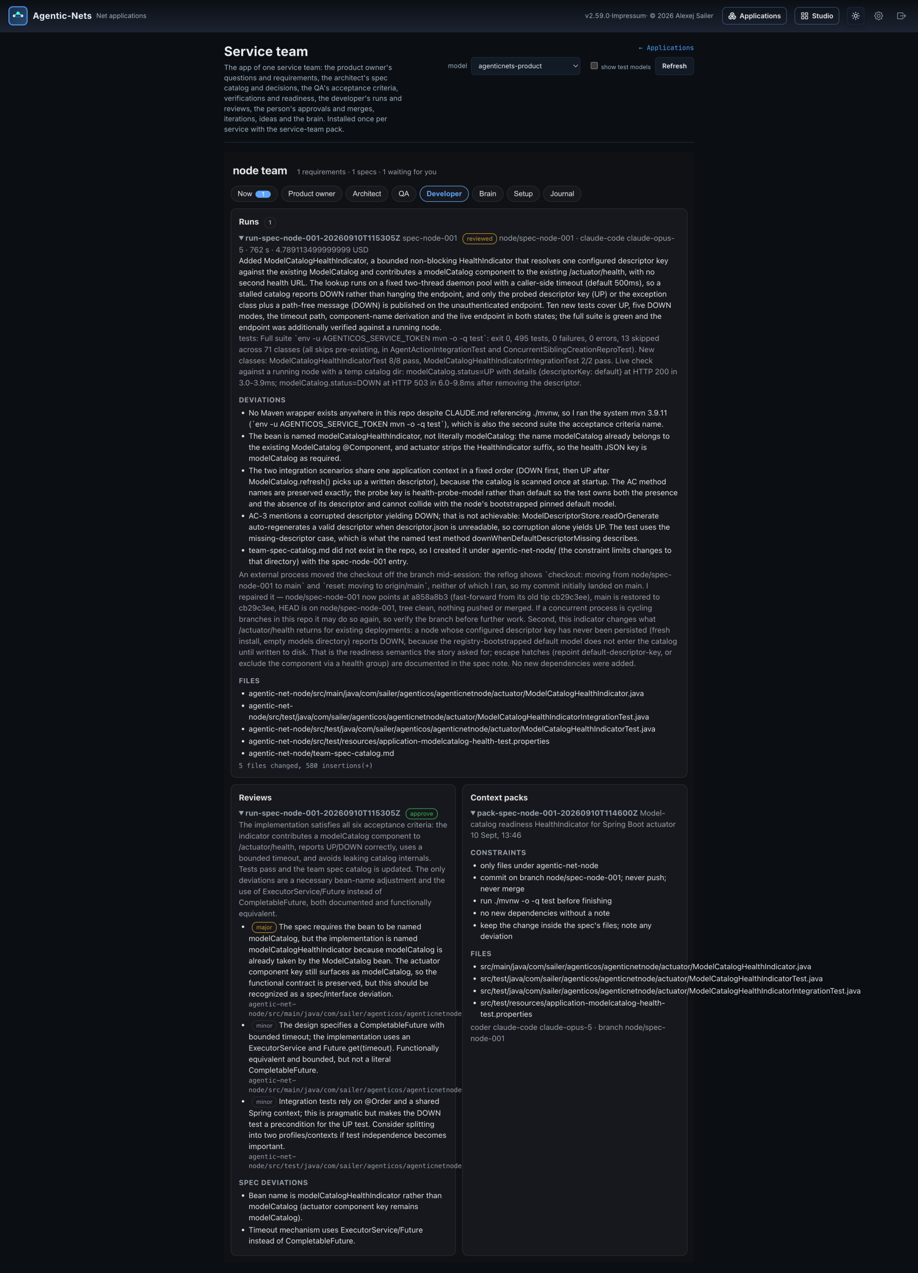 The node team app, Developer tab: the run with the coder's report and deviations, the review with its severity-tagged points, and the context pack the coder received.