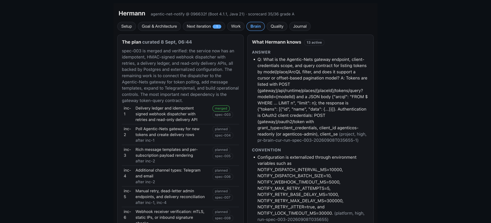 The Brain tab with the plan and the curated facts grouped by kind