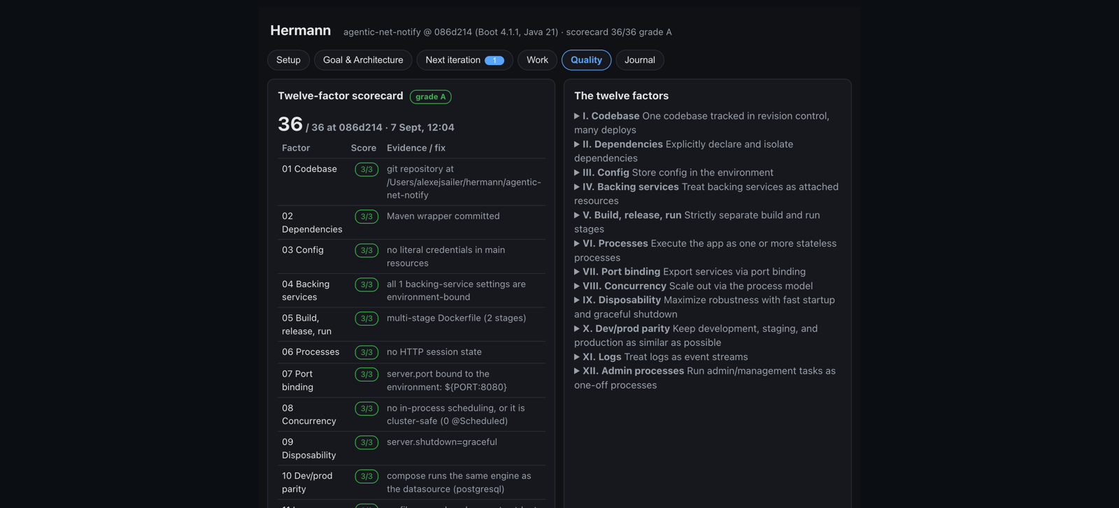 The Quality tab showing a twelve-factor scorecard of 36 out of 36 with per-factor evidence