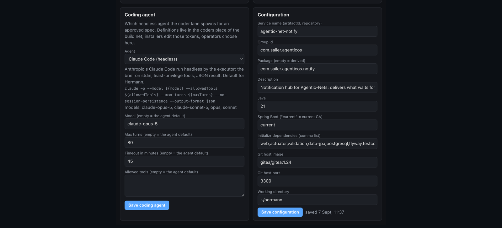The Setup tab showing the coding agent picker with Claude Code selected, its command template and claude-opus-5 as the model
