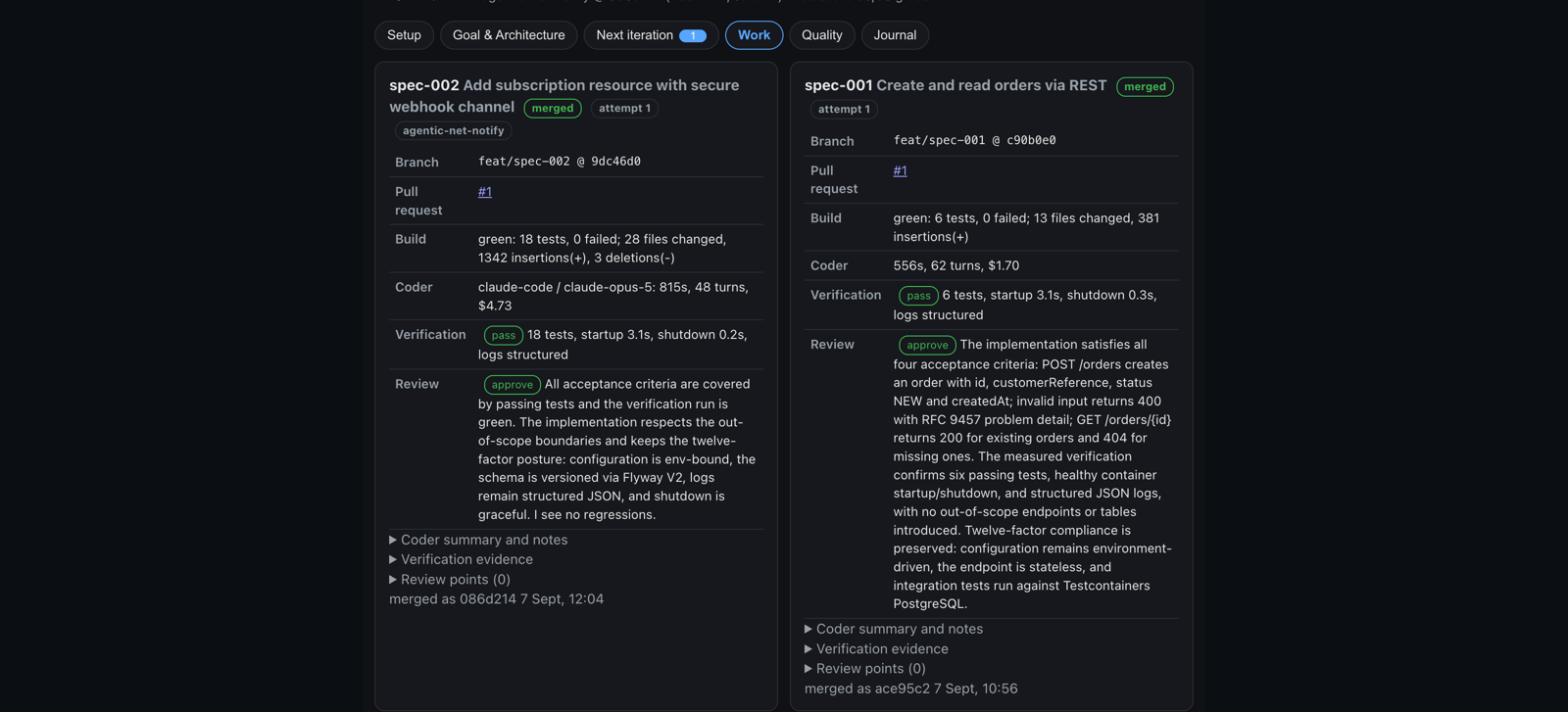 The Work tab showing two merged runs with branch, pull request, build, coder cost, verification and review