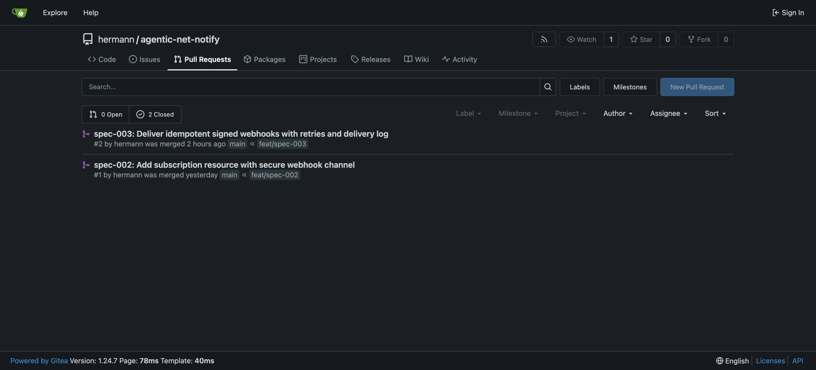 The Gitea pull request list of the service Hermann builds, two merged pull requests