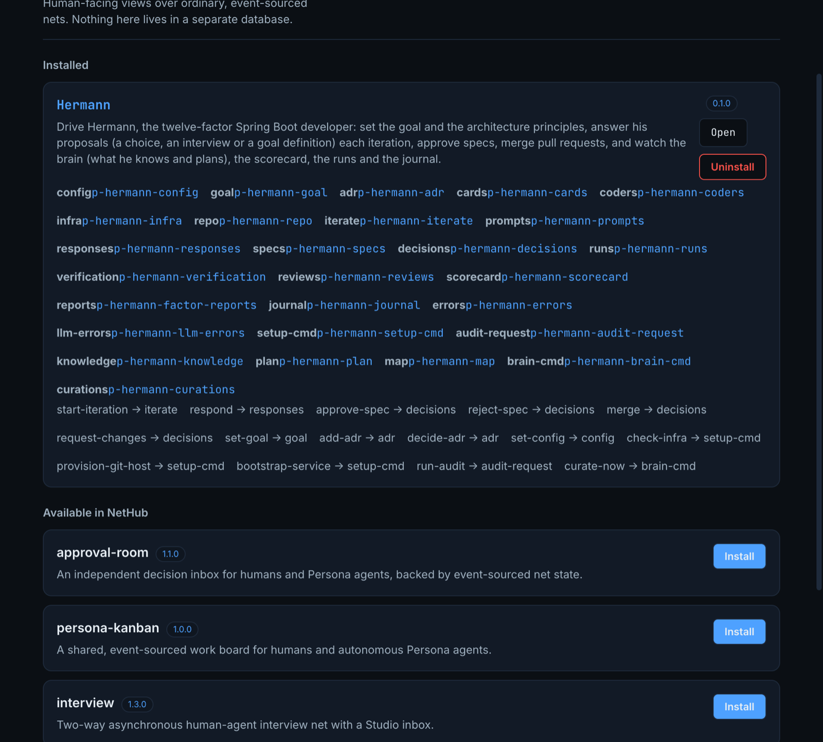 Studio's Applications page with the Hermann card listing its stores and actions