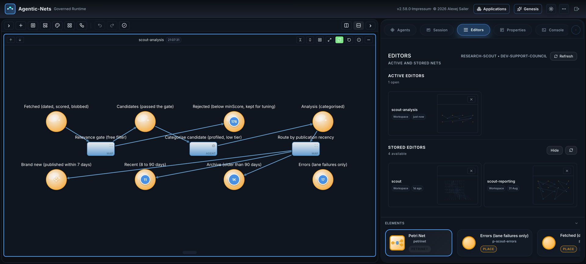The scout-analysis view: fetched pages pass a relevance gate, candidates go to the categorise agent, analysis is routed into brand new, recent and archive buckets