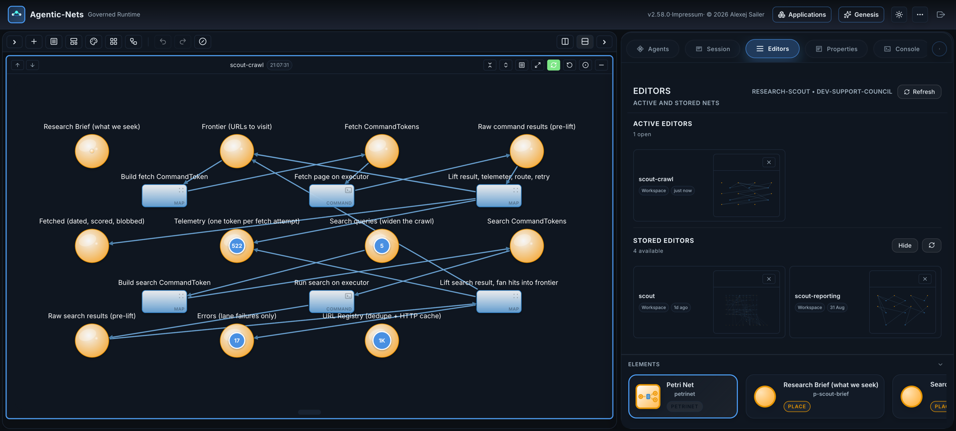 The scout-crawl view: the research brief, the frontier, fetch command tokens, the fetch lane on the executor, the lift lane, and the search branch