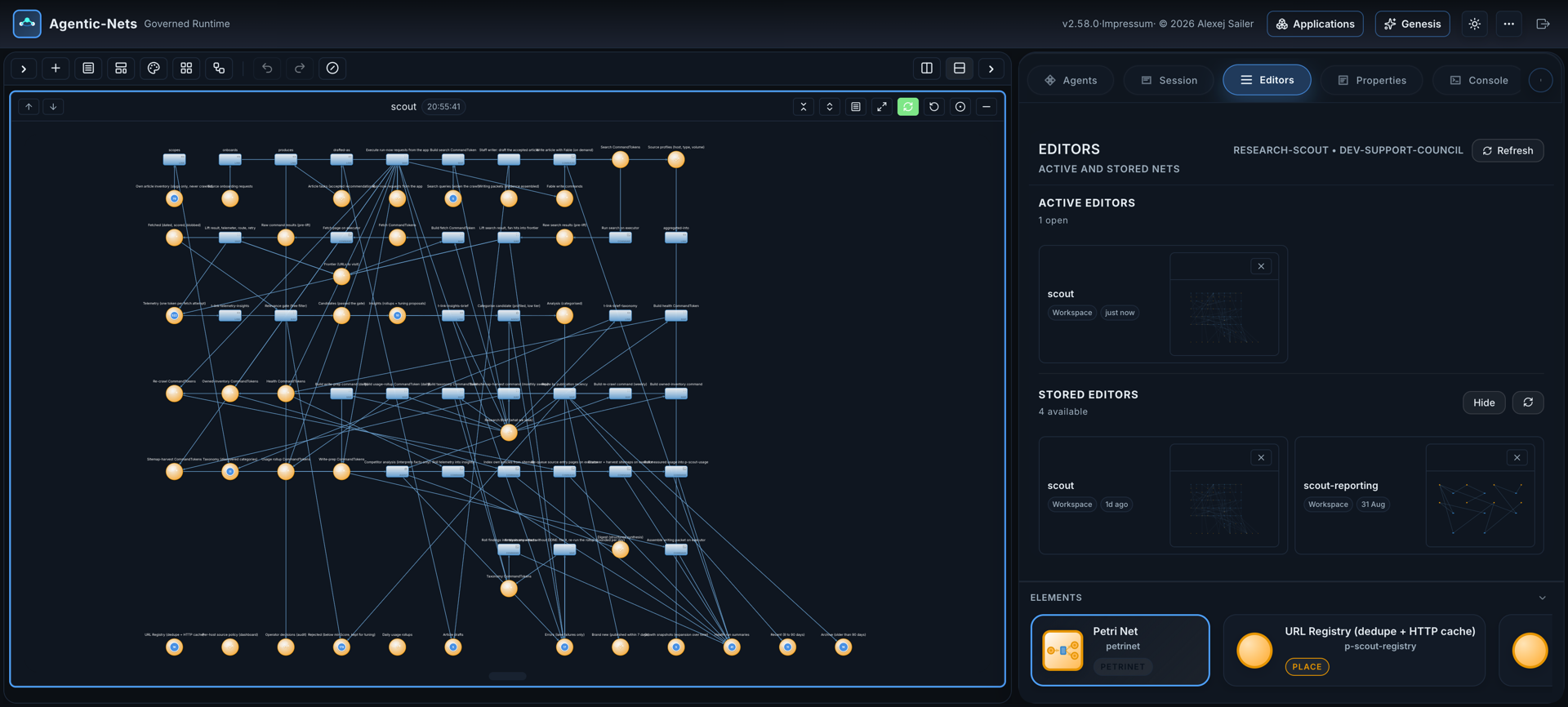 Studio showing the canonical scout net: 40 places and 36 lanes in a grid, with the counts of the places visible