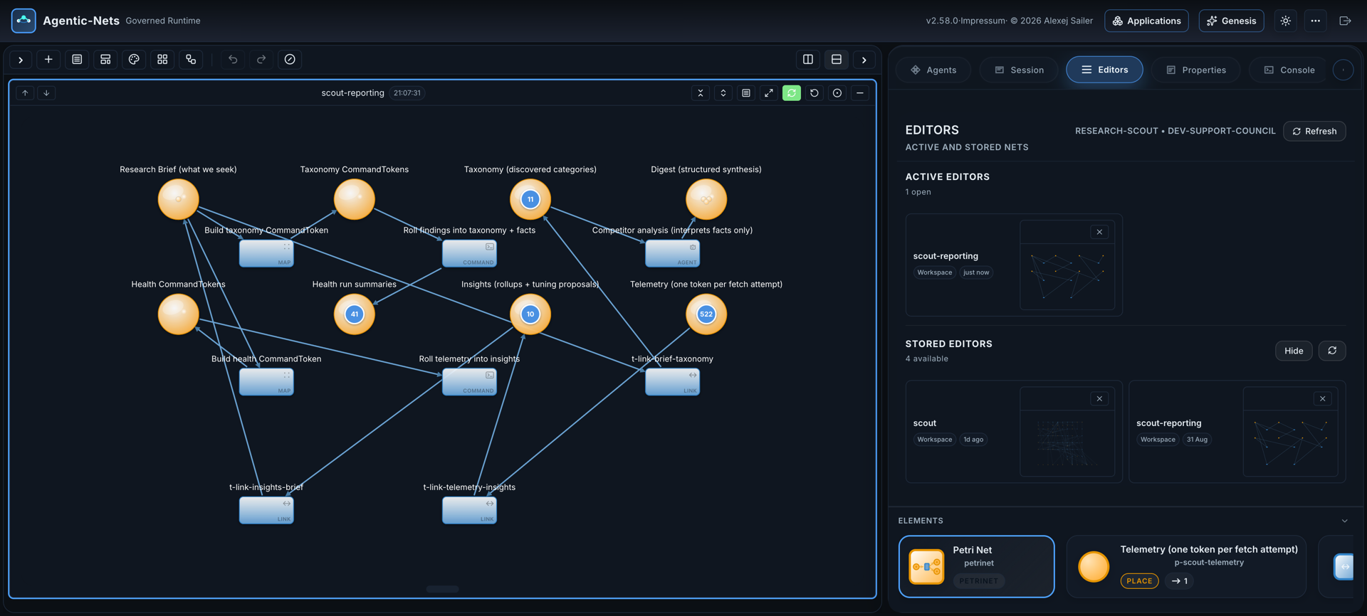 The scout-reporting view: taxonomy and health command lanes, the roll-up scripts, the competitor analysis agent, and three LINK lanes connecting brief, taxonomy, telemetry and insights