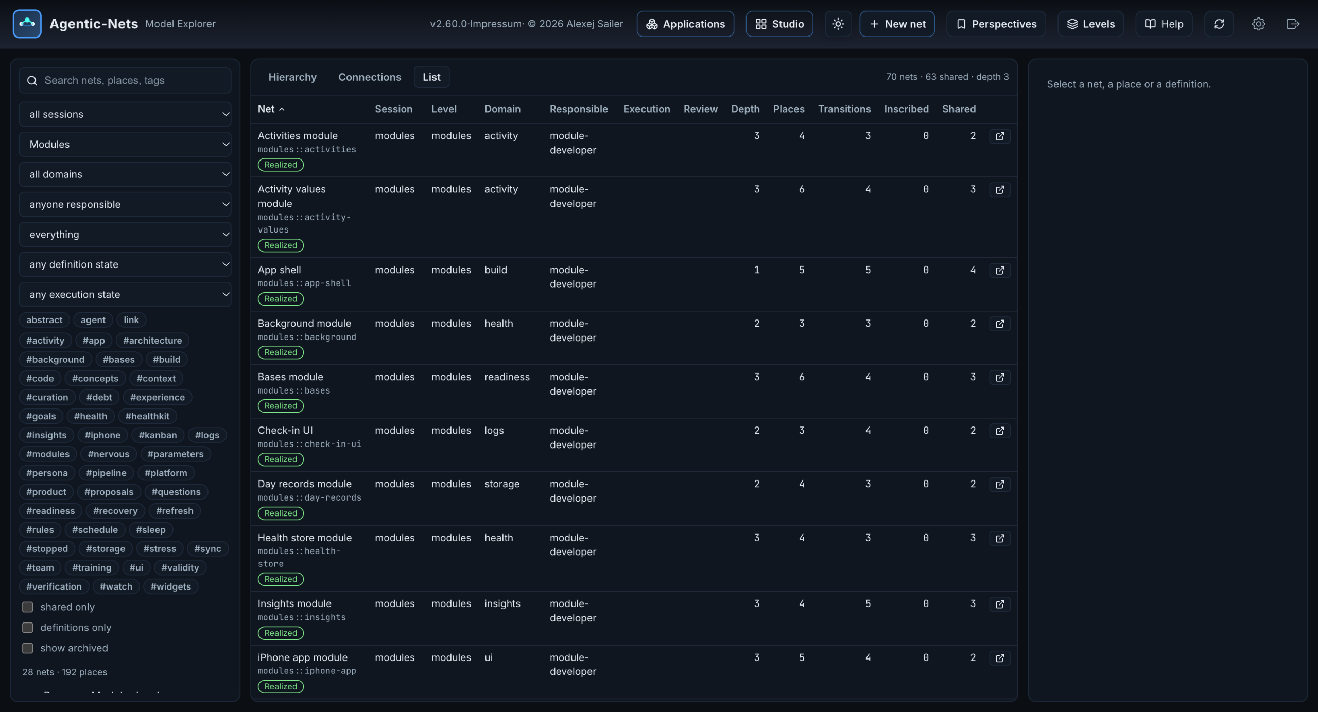 The Explorer's list view filtered to the Modules level: 28 rows with session, level, domain, responsible persona, depth, places, transitions and the shared count