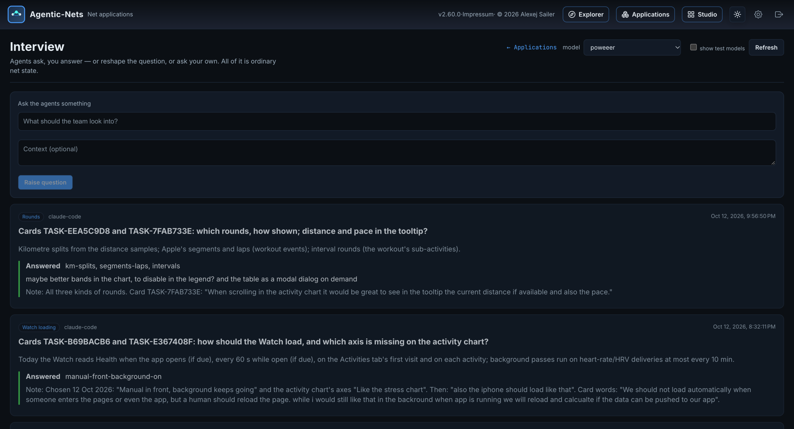 The Interview inbox for the poweeer model showing answered questions, each with the chosen options and a note quoting the person's words