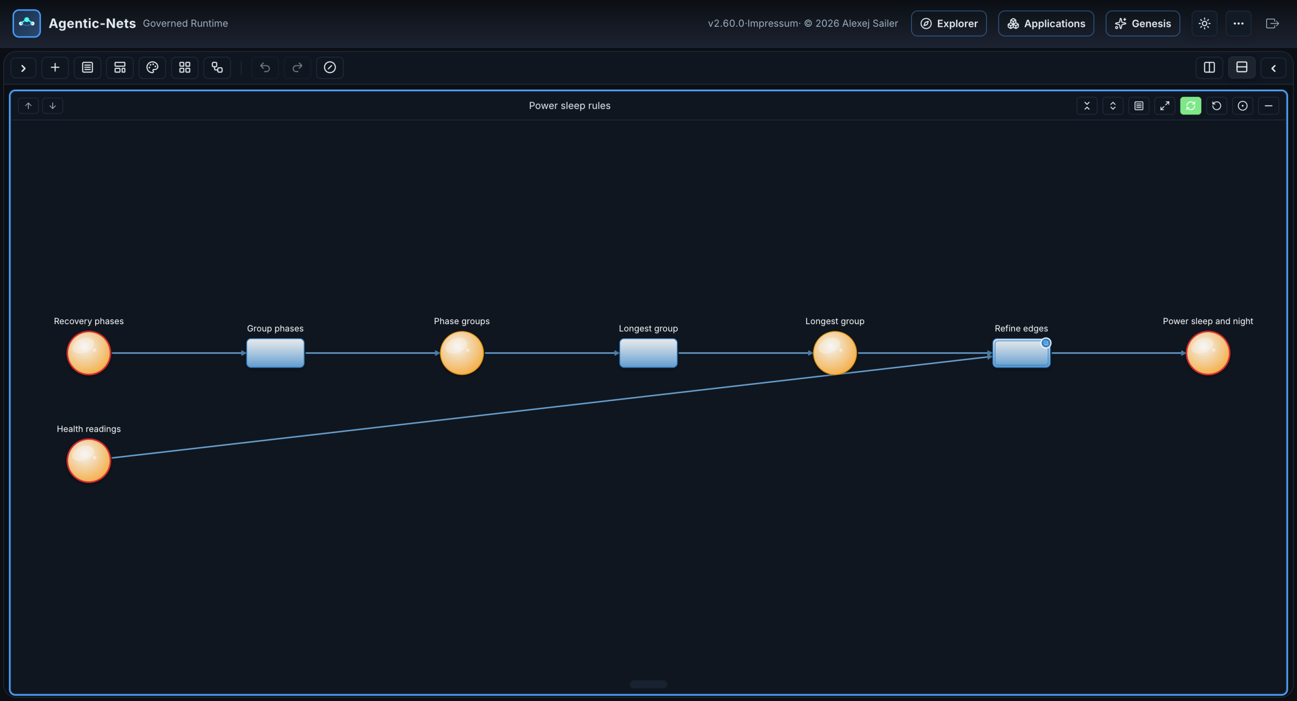 Studio showing the Power sleep rules net: the recovery phases and health readings places, the three rule transitions and the Power sleep place