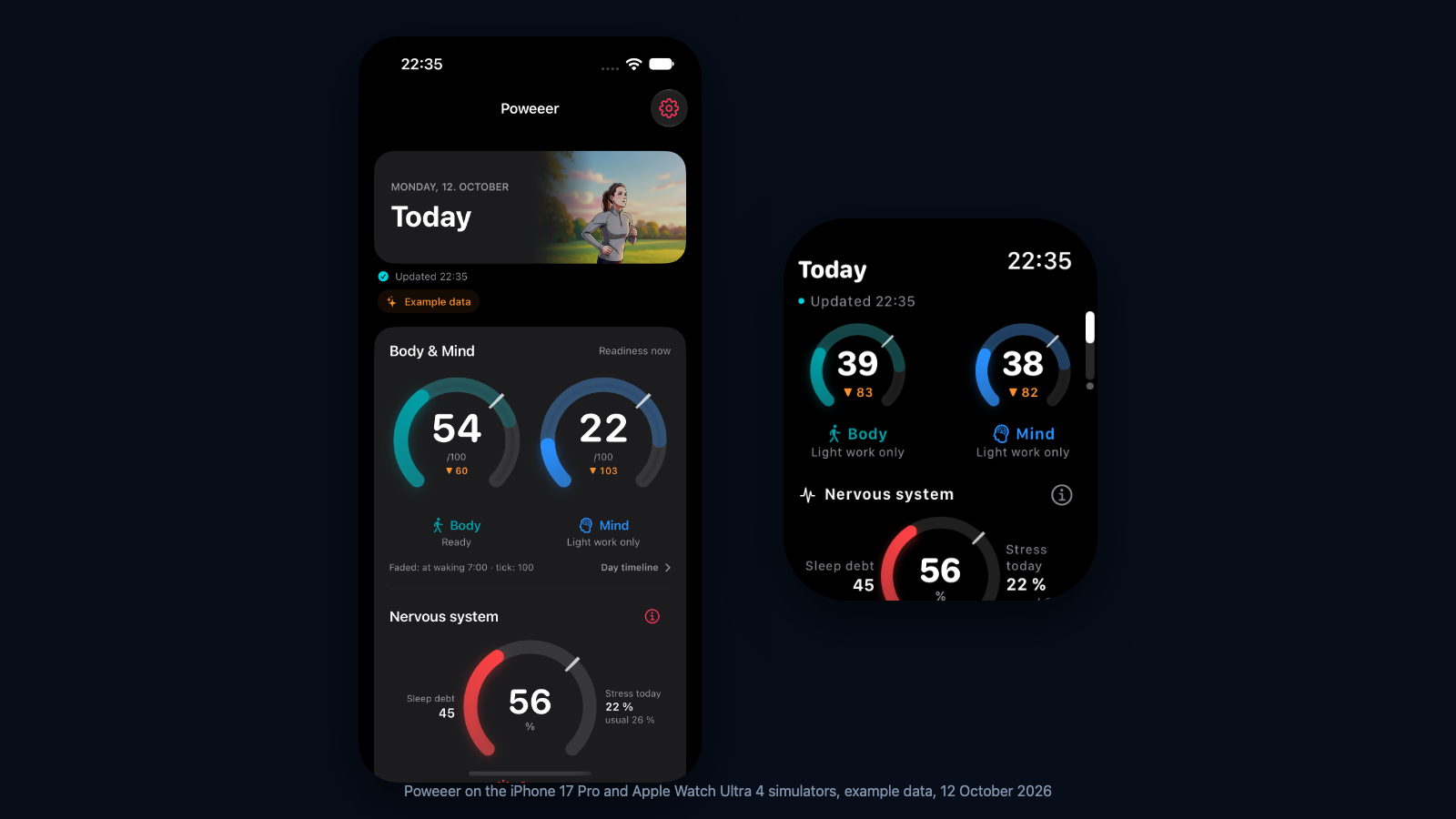 The Poweeer app on the iPhone and Apple Watch simulators: Body and Mind readiness rings, the nervous system ring with sleep debt and stress